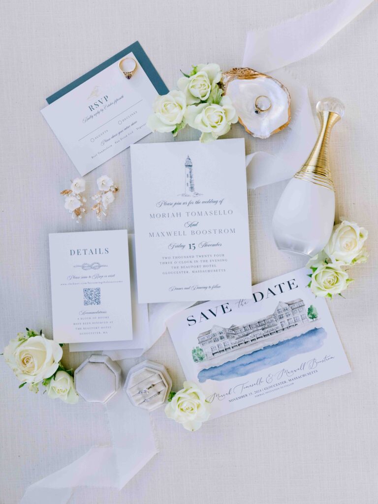 flat lay classic coastal new england winter wedding 